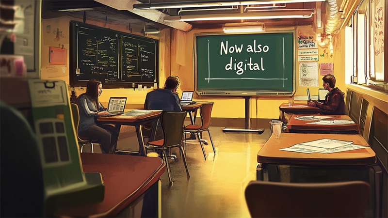 Grafik Now digital Aufschrift auf Tafel im Klassenzimmer